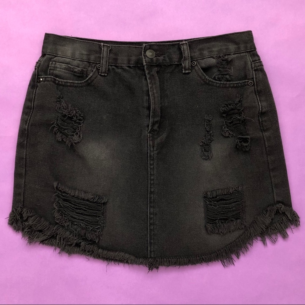 Faded Black Distressed Mini Denim Skirt